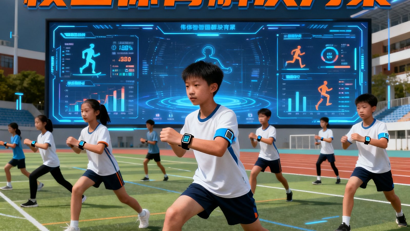 伟德体育智慧校园体育解决方案全景展示画面，学生们在现代化操场上佩戴智能运动手环进行体育课训练，背景是数字化大屏实时显示运动数据