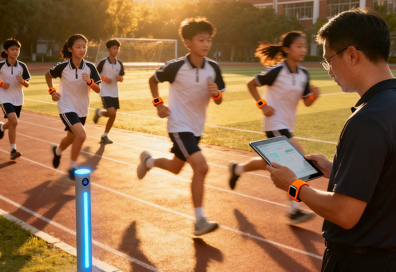 阳光明媚的学校操场上，一群穿着运动校服的中学生佩戴伟德体育橙色智能手环正在跑步，操场边缘的蓝牙信标柱发出淡蓝色指示灯光，体育老师手持平板电脑实时查看数据
